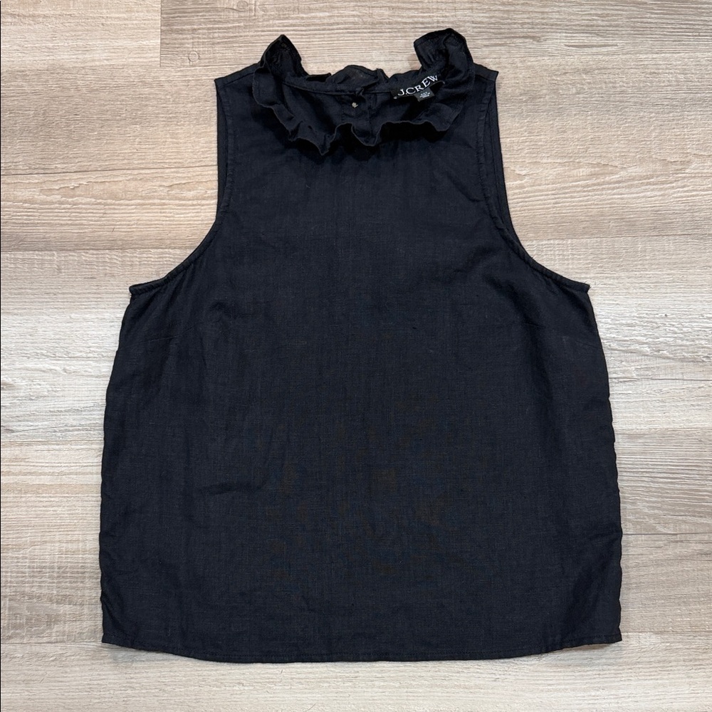 J. Crew Linen Elegant Black Sleeveless Blouse with Ruffle neckline, XXS